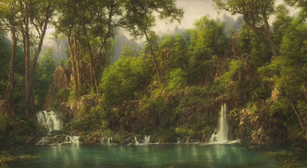 Image similar to Rivendell painted in the style of Albert Bierstadt, oil painting, wide angle, highly detailed