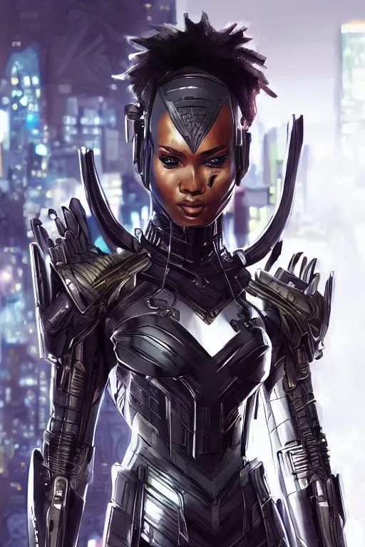 Image similar to art by artgerm, sharp focus, ultra realistic illustration, wakandan warrior in a cyberpunk style armor, sci fi background hacknaut cyberpunk, sci - fi, fantasy, intricate, elegant, highly detailed, digital painting, artstation, concept art, smooth, sharp focus, illustration.