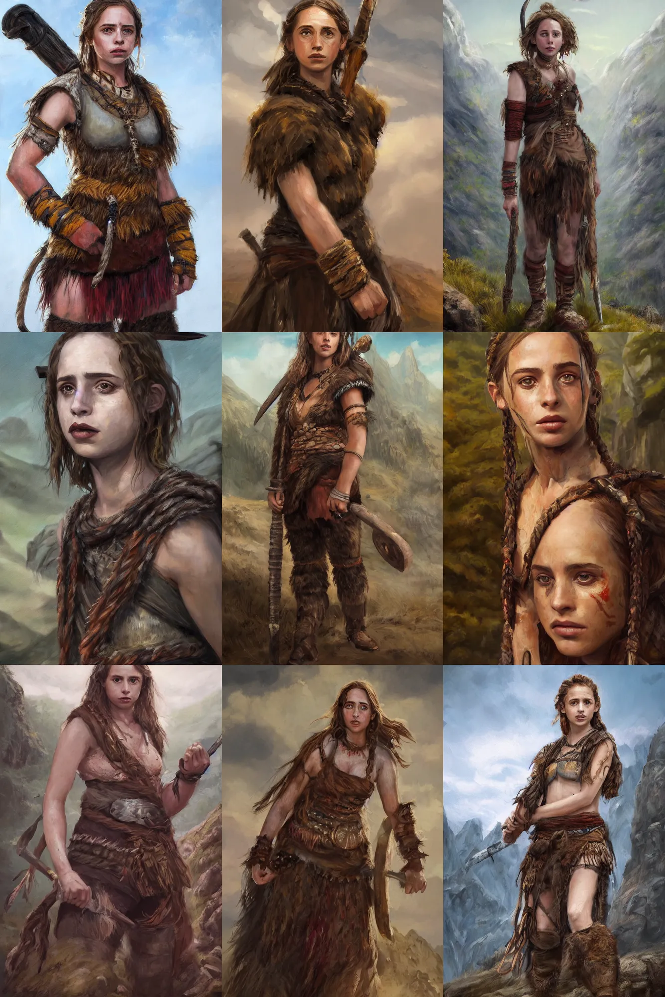 Prompt: a full body high detail fantasy portrait oil painting illustration of maya hawke as a rugged stoic barbarian woman by justin sweet with face and body clearly visible, in a scenic background, pupils visible, realistic proportions, d & d, rpg, forgotten realms, artstation trending, high quality, sombre mood, artstation trending, muted colours, entire person visible!, natural light,