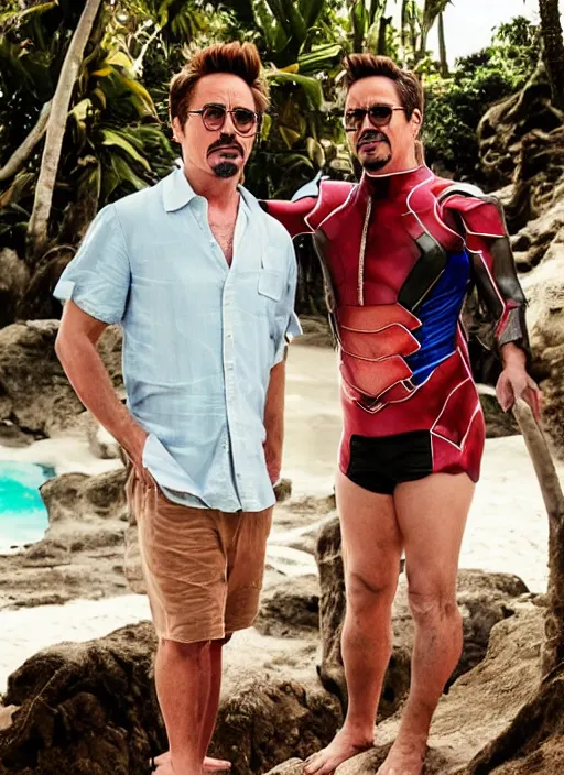 Image similar to a full portrait photo of robert downey jr holiday in bali, f / 2 2, 3 5 mm, 2 7 0 0 k, lighting, perfect faces, award winning photography.