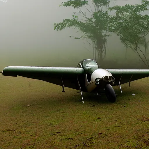 Image similar to beechcraft type 1 8 crash landed in a misty foggy jungle,