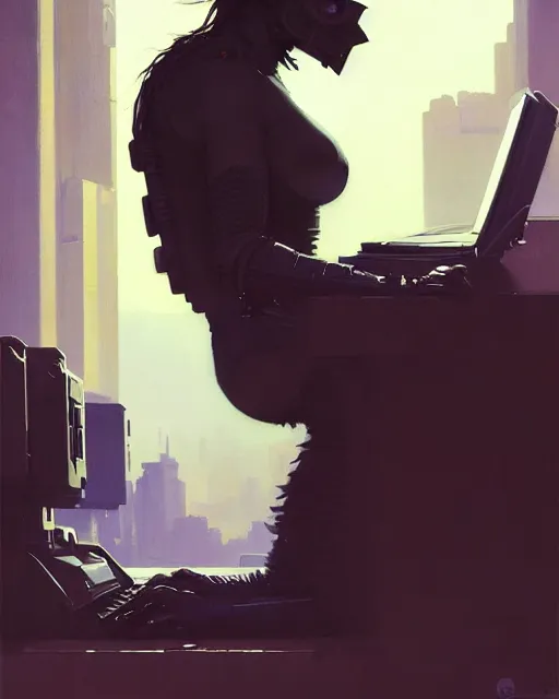 Prompt: cyberpunk ape hacker at the computer. sci - fi art by greg rutkowski, gustave courbet, rosa bonheur, edward hopper. faithfully depicted facial expression, perfect anatomy, sharp focus, global illumination, radiant light, detailed and intricate environment, trending on artstation