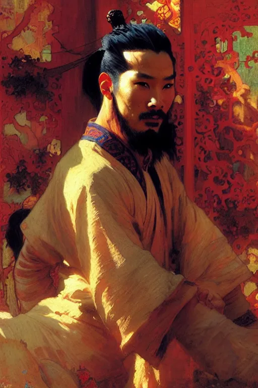 Image similar to attractive man, ming dynasty, cool colors, painting by gaston bussiere, craig mullins, greg rutkowski, alphonse mucha