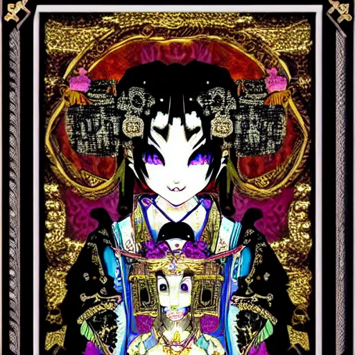 Image similar to baroque bedazzled gothic royalty frames surrounding a pixelsort emo demonic horrorcore japanese yokai doll, low quality sharpened graphics, remastered chromatic aberration