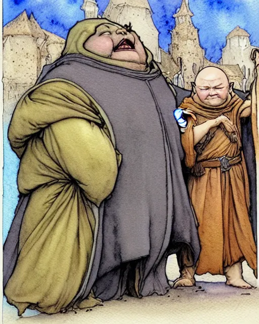 Prompt: a realistic and atmospheric watercolour fantasy character concept art portrait of a fat adorable dirty chibi alien greeting a group of medieval monks in grey robes. by rebecca guay, michael kaluta, charles vess and jean moebius giraud