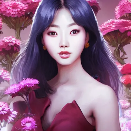 Image similar to portrait of hong jin - young, 홍진영, smiling with flowers in hands. sharp focus, cinematic pose, cinematic lighting, unreal engine render. art by josan gonzales and moebius and deathburger.