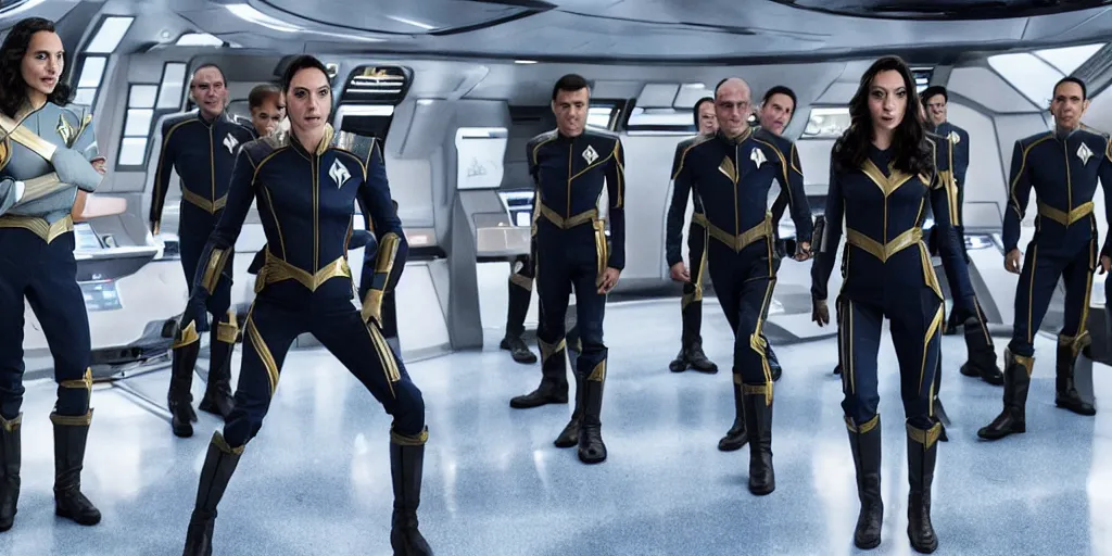 Image similar to Gal Gadot, in full starfleet uniform, is the captain of the starship Enterprise in the new Star Trek movie