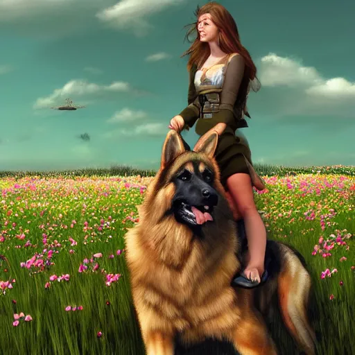 Image similar to girl riding a giant German shepherd in a field of flowers, trending on artstation