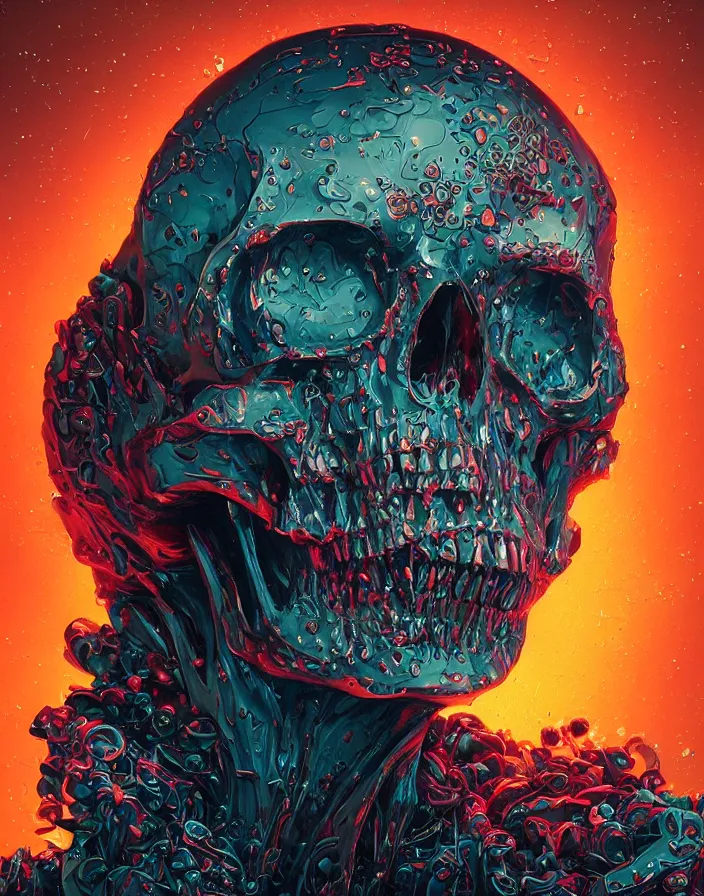 Image similar to portrait of a melting skull. intricate abstract. intricate artwork. by Tooth Wu, wlop, beeple, dan mumford. octane render, trending on artstation, greg rutkowski, retrofuturism, very coherent symmetrical artwork. cinematic, hyper realism, high detail, octane render, 8k, depth of field, bokeh. neon accents