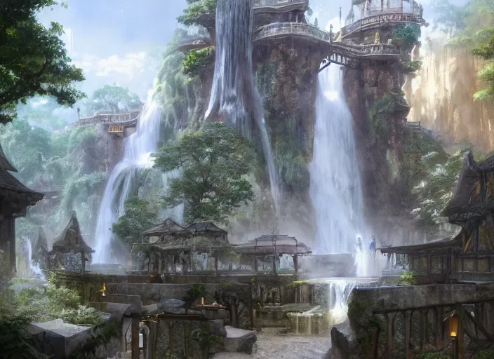 Prompt: A bathhouse with waterfalls in a beautiful elven city made of white marble, anime, lush trees, fountain, a fantasy digital painting by Greg Rutkowski and James Gurney, trending on Artstation, highly detailed