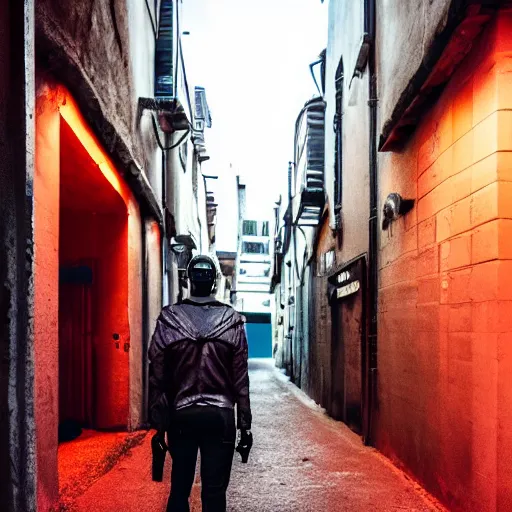 Image similar to a photo of a cyberpunk man walking in a medival village, the photo was taken from the ground looking up at the man's back, the city does not have any glowing lights, it is night time, the man has glowing neon pink and blue lights on his back, ultra high detail.