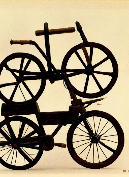 Prompt: realistic photo of a a medieval ritual astronomy appliance bicycle, made of wood white clay black plastic 1 9 9 0, life magazine reportage photo, natural colors, metropolitan museum collection