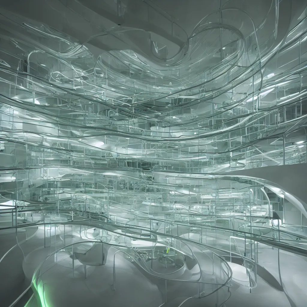 Image similar to “ a visually impressive interior smoothly fluid curve structure of a research laboratory in bio luminescent with algae, soft clean lines and satisfying forms, highly detailed in 4 k ”