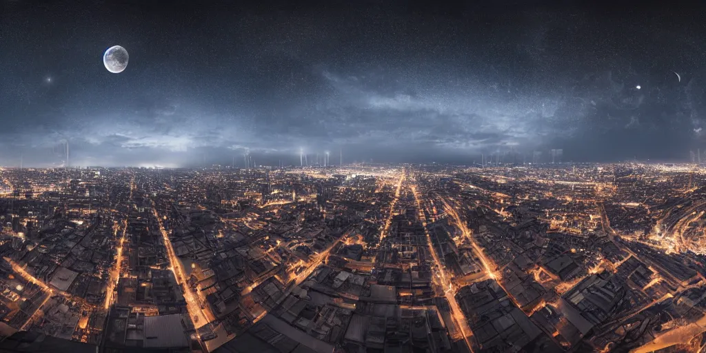 Image similar to a big industrial city metropoli in the distance, cloudy dark sky, it's late at night the moon and the milky way shine, 3 6 0 render panorama, seamless