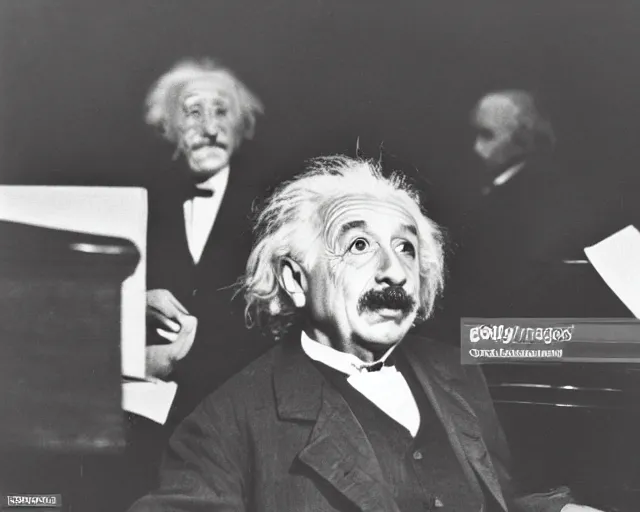 Prompt: color matte photo albert einstein playing a grand piano in a night club