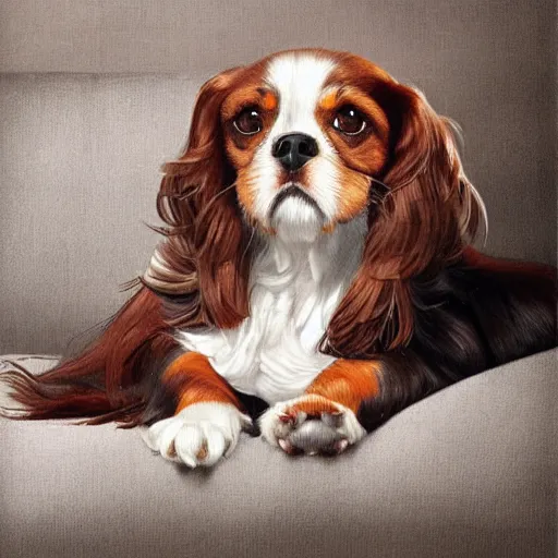 Prompt: a cavalier king charles spaniel who is really bored, tired, lying on a sofa with pillows, oil on canvas, by artgerm and greg rutkowski