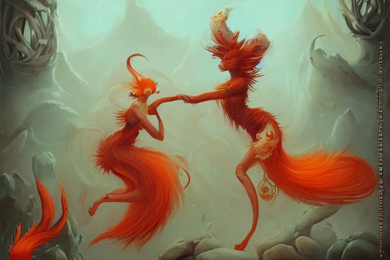 Image similar to prompt A beautiful red orange kumiho, nine fox tails, Peter Mohrbacher