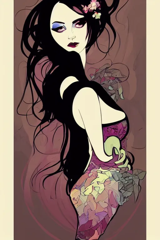Prompt: vector style the abstract painting of an image of a lady artistic flat illustration, goth punk minimal figure art, soft colors mono chromatic, art in the style of Artgerm and Greg Rutkowski and Alphonse Mucha