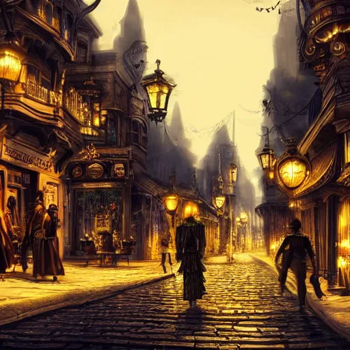 Image similar to fantasy steampunk victorian city street, with people walking on the streets, at night, 4k, concept art