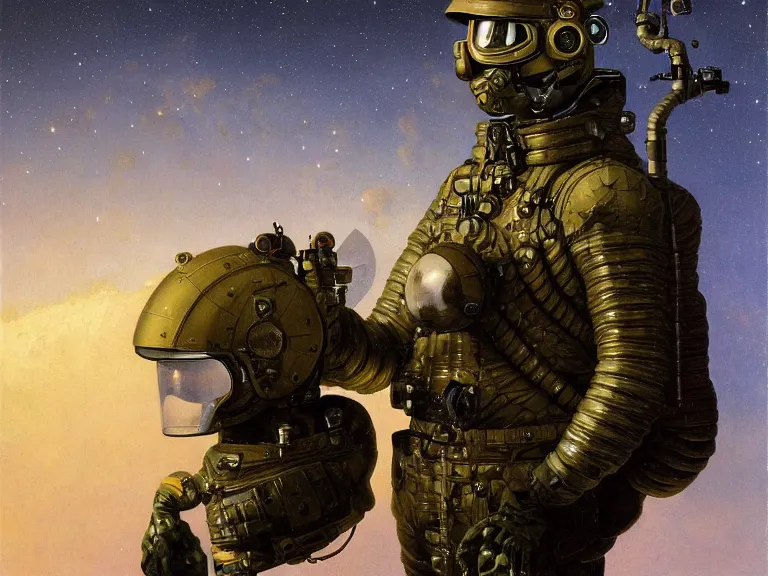 Image similar to a detailed profile oil painting of a soldier in a spacesuit with reflective helmet, advanced technology flight suit, portrait symmetrical and science fiction theme with aurora lighting clouds and stars by beksinski carl spitzweg and tuomas korpi. baroque elements, full-length view. baroque element. intricate artwork by caravaggio. Trending on artstation. 8k