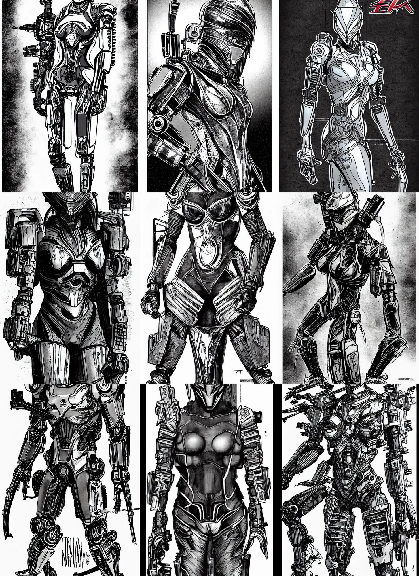 Prompt: combat ninja robot designed by jony ive, warframe art, feminine proportions, portrait, cyberpunk 2 0 2 0 manual, by steampoweredmikej, by tim bradstreet, inktober, ink drawing, black and white, coloring pages, manga, highly detailed