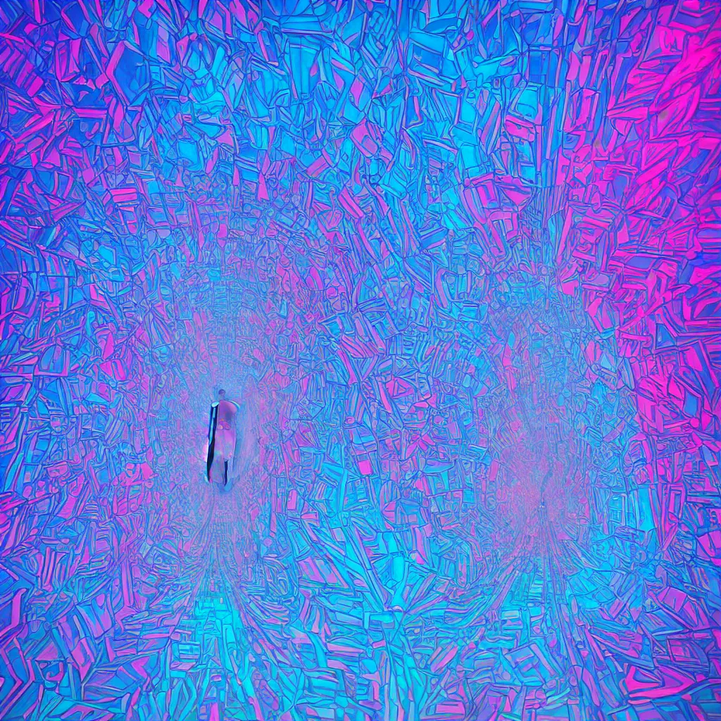 Prompt: Trippy perspective of a man walking. Bottom-up view. Beautiful blue and pink lighting. Highly detailed digitial art. Trending on Behance.