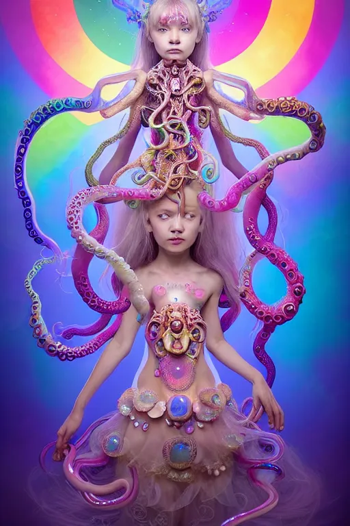 Image similar to A full body shot of a cute young magical girl wearing an ornate dress made of opals and tentacles. Monster GIrl. Subsurface Scattering. Dynamic Pose. Translucent Skin. Rainbow palette. Rainbowcore. defined facial features, symmetrical facial features. Opalescent surface. Soft Lighting. beautiful lighting. By Giger and Ruan Jia and Artgerm and WLOP and William-Adolphe Bouguereau and Loish and Lisa Frank. Fantasy Illustration. Sailor Moon. Masterpiece. trending on artstation, featured on pixiv, award winning, cinematic composition, dramatic pose, sharp, details, Hyper-detailed, HD, HDR, 4K, 8K.