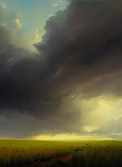 Prompt: painting of a storm coming over a field, a matte painting by rhads, featured on deviantart, hudson river school, apocalypse landscape, apocalypse art, storybook illustration