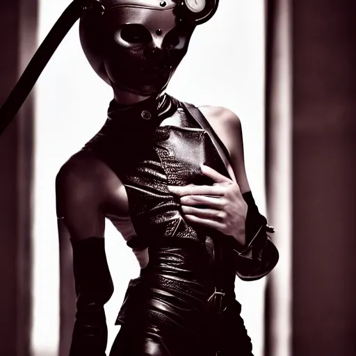 Image similar to fashion photography of an extraterrestrial model, holding a leather whip, wearing demobaza fashion, inside berghain, berlin fashion, harness, futuristic fashion, dark minimal outfit, photo 3 5 mm leica, hyperdetail, berghain, 8 k, very detailed, photo by nick knight