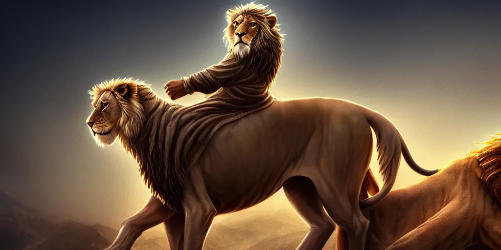 Image similar to hooded wise old man ( long white beard wearing a brown tunic ), riding majestically, on a beautiful lion's back, epic digital art, cinematic, trending on artstation, superb detail 8 k, wide - angle, masterpiece