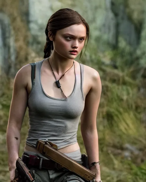 Image similar to bella heathcote as lara croft, golden hour, cinematic