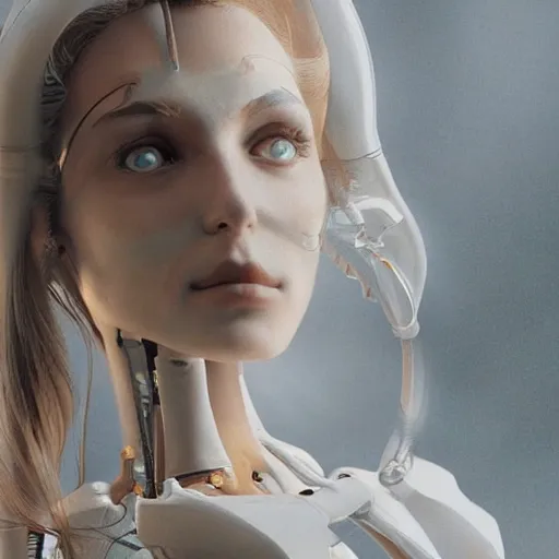 Image similar to photographic stil of beautiful model, a human robot woman, beautiful artificial body with artificial bones and artificial flesh, cables, tubes, westworld style, medium - shot, insanely detailed, photorealistic, beautiful soft light, octane render, by annie leibowtiz