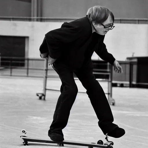 Image similar to Stephen Hawking doing tricks at a skate park