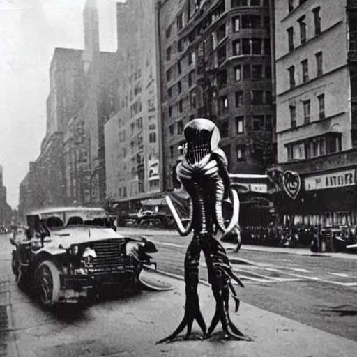 Image similar to old black and white photo, 1 9 1 3, depicting a xenomorph from the movie aliens rampaging through the bustling streets of new york city, historical record