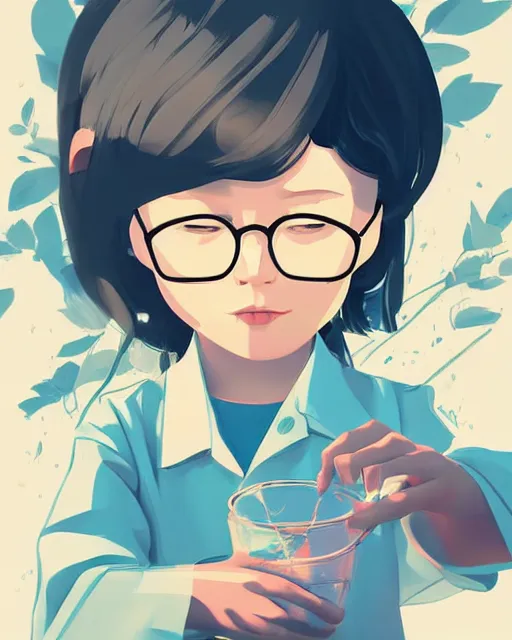 Image similar to a little girl is doing a science experiment. clean cel shaded vector art. minimalist illustration art by lois van baarle, artgerm, helen huang by makoto shinkai and ilya kuvshinov, rossdraws