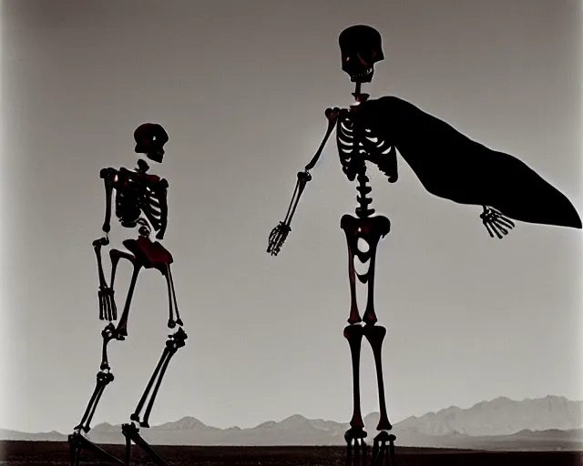 Image similar to by bruce davidson, by andrew boog faithfull redscale photography evocative. a beautiful kinetic sculpture of a skeleton creature, with a long black cape and a revolver standing in front of a desert mesa.