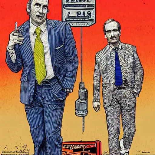 Image similar to The Artwork of R. Crumb and his Cheap Suit Saul-Goodman-Better-Call-Saul, pencil and colored marker artwork, trailer-trash lifestyle