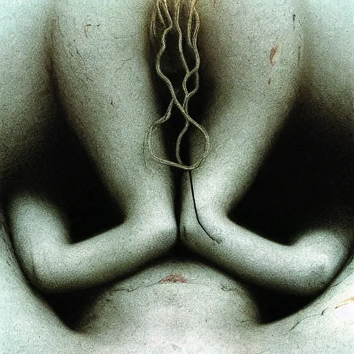 Image similar to photo of a woman wrapped around by tubes and cables by Zdzislaw Beksinski, black eyes