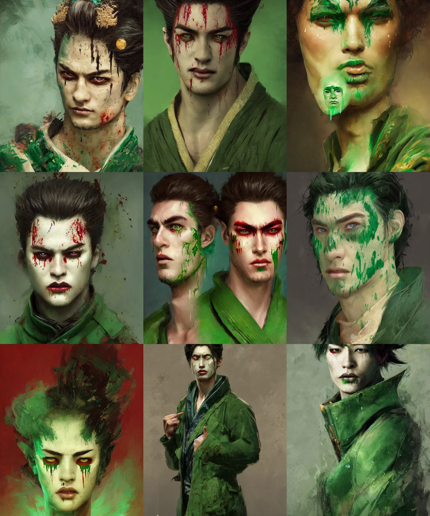 Prompt: digital art painting of young handsome guy dnd portrait, blood tears, remarkable geisha make up, wearing a green jacket painted by craig mullins and gaston bussiere and greg rutkowski, symmetrical face, defined facial features, symmetrical facial features, dramatic lighting, close up