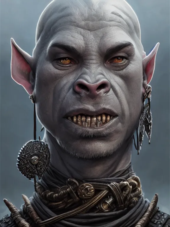 Prompt: portrait of a grey orc, looking at camera, d & d, savage warrior, leather attire, aztec hair, pig noses, intricate, fantasy, extremely detailed, digital painting, artstation, concept art, smooth, sharp focus, illustration, ambient lighting, art by artgerm and greg rutkowski and alphonse mucha and simon stalenhag