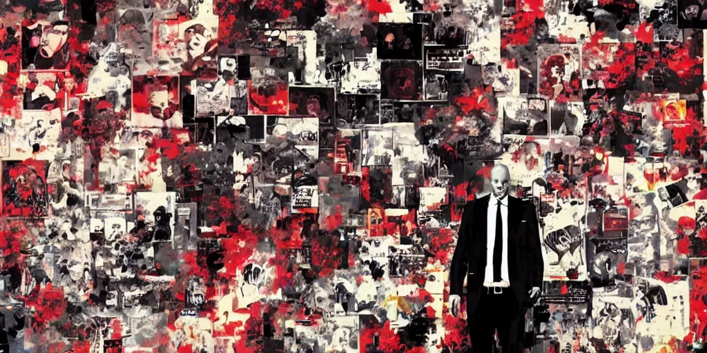 Image similar to a portrait of agent 4 7 from hitman wearing headphones in front of a wall of vinyl records, dark background, red rim light, digital art, artstation, art by yoji shinkawa