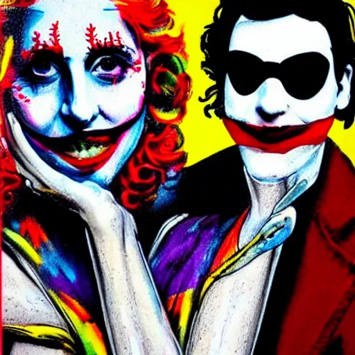 Image similar to mimmo rottela and banksy as joaquin phoenix skinny joker holding hand lady gaga harley queen, photorealistic, intricate details, pop art image.