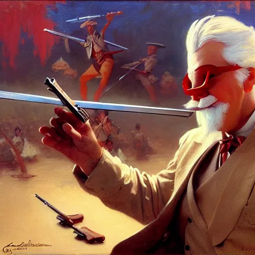 Image similar to colonel sanders with katana fighting donald mcdonald with gun, highly detailed painting by gaston bussiere, craig mullins, j. c. leyendecker, 8 k