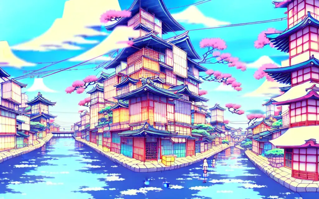 Image similar to a japanese city near the sea, lofi, dreamy, moody, very colorful, anime inspiration, ghibli vibe