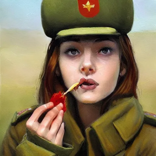 Image similar to high detail portrait oil painting illustration of beuatiful girl as soviet red army soldier eating hot baked bun, in khaki tunic, by justin sweet with face and body clearly visible, in a scenic background, pupils visible, realistic proportions, artstation trending, high quality, sombre mood, artstation trending, muted colours, entire person visible!