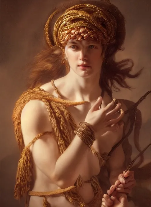 Prompt: A super-detailed portrait of the young bacchante with Thrysos staff by Max Nonnenbruch,evening, atmospheric lighting, intricate detail, cgsociety, hyperrealistic,ambient light, dynamic lighting