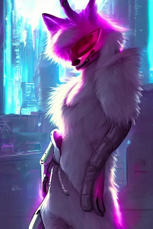 Image similar to a cyberpunk anthropomorphic fox with a fluffy tail, comic art, trending on furaffinity, cartoon, kawaii, backlighting, furry art!!!, neon