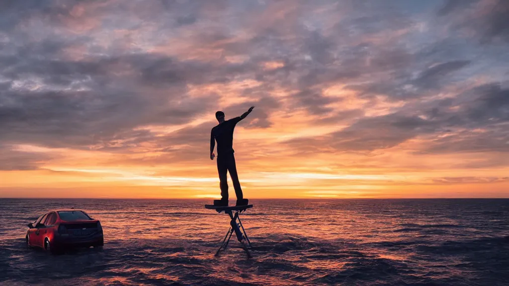 Image similar to a movie still of a man standing on a car while driving through the ocean at sunset, golden hour