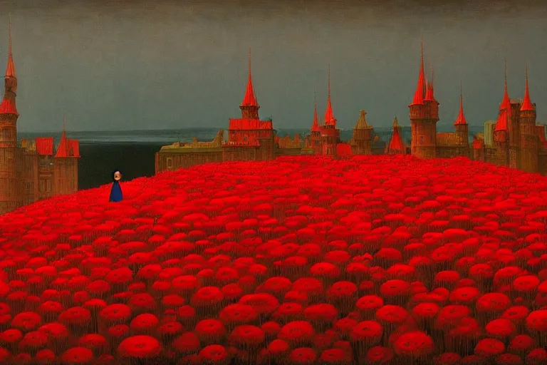 Image similar to only with red, red flowers of different types, red castle in background, red medieval goblins, in the style of beksinski, parts by edward hopper, parts by rodcenko, parts by yue minjun, intricate and epic composition, red by caravaggio, insanely quality, highly detailed, masterpiece, red light, artstation, 4 k