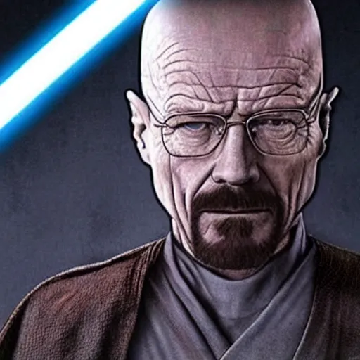 Image similar to realistic photo of walter white as a jedi from star wars, using jedi clothes and with a lightsaber